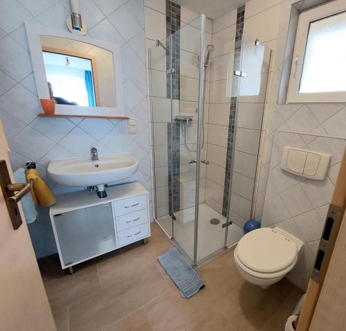 ein Badezimmer mit Toilette, Waschbecken und Dusche in der Unterkunft Ferienquartier Müller Z4 in Zinnowitz