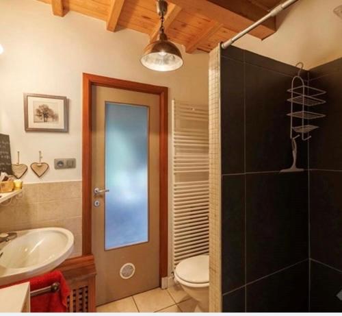 a bathroom with a sink and a toilet and a mirror at Maison et son jardin situés dans le Condroz in Marchin