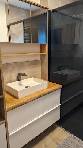 a bathroom with a white sink and a mirror at Kaufbeuren mit Wintergarten in Kaufbeuren