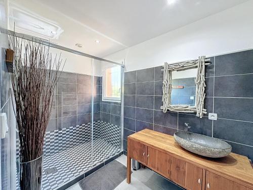 une salle de bain avec un lavabo en pierre et une douche dans l'établissement Maison porto vecchio - lecci, à Porto-Vecchio