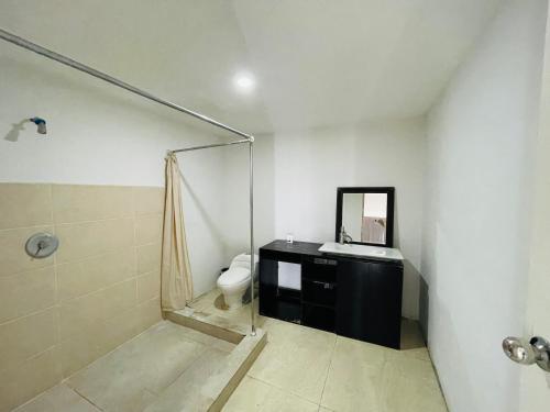 a bathroom with a toilet and a sink and a mirror at Gorgona Beach House in Nueva Gorgona