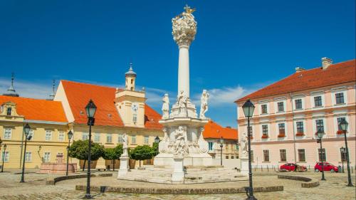 pomnik przed budynkiem z wieżą w obiekcie Apartman Esseg - Luxury Living in Historic Esseg w mieście Osijek