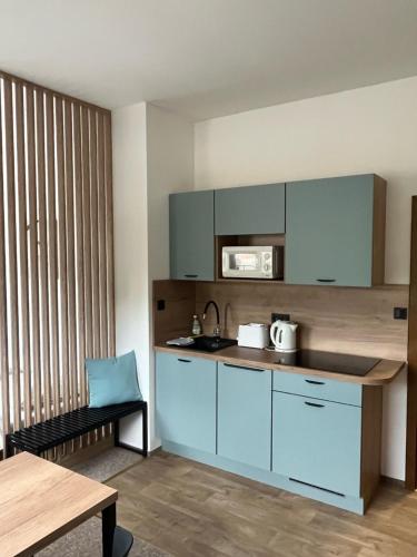 a kitchen with blue cabinets and a table at Apartmány U Šťastných in Cerny Dul