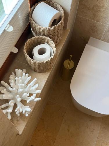 uma casa de banho com um WC e alguns rolos de papel higiénico em Klaukse em Aabla