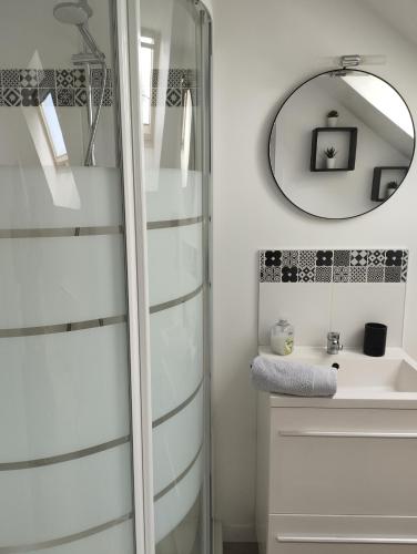 une salle de bain avec une douche, un lavabo et un miroir dans l'établissement Gîte bord de mer près de FECAMP 
