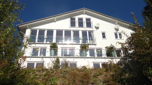 Landhotel Fernsicht في وينتربرغ: منزل أبيض مع شرفة على تلة