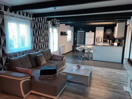 un salon avec un canapé et une cuisine dans l'établissement villa denise 200 m riviere orb, à Cessenon