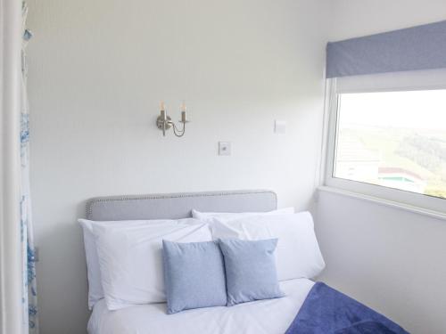 a bedroom with a bed with white pillows and a window at Wagtails in Dartmouth