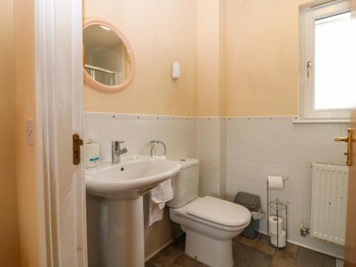 a bathroom with a sink and a toilet and a mirror at Rehoboth Lodge in Dundee