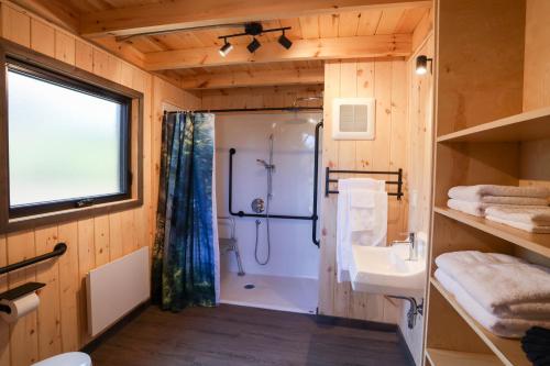 a bathroom with a shower and a sink at Chalets Lanaudière in Rawdon