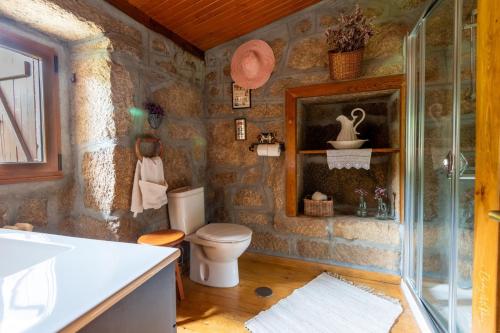 een stenen badkamer met een toilet en een douche bij Aloumiños do Ribeiro in Ourense