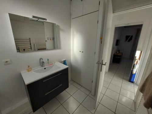 une salle de bain avec un lavabo et un miroir dans l'établissement Larmor-Plage T2 Notre-Dame, à Larmor-Plage