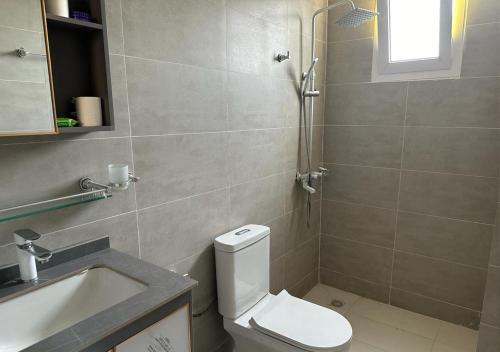 ein Badezimmer mit Toilette, Waschbecken und Dusche in der Unterkunft HOTEL CONTINENTAL in Abidjan