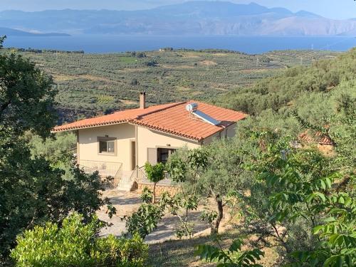 a house on a hill with a view of the ocean at Olive Guest Farm in Akrata