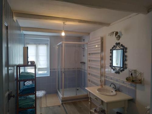 une salle de bain avec une douche, un lavabo et un miroir dans l'établissement Maison de caractère proche mer 6 lits 2SdB 2wc, à Plouhinec