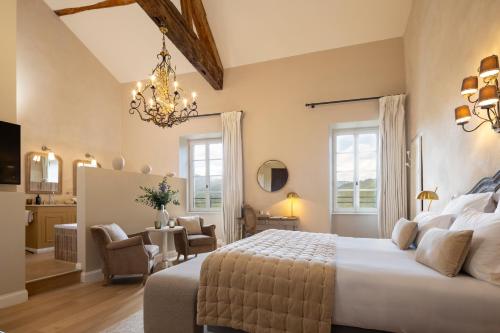 a bedroom with a large bed and a chandelier at Château Les Oliviers de Salettes in Charols