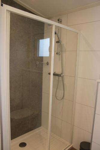 una doccia con porta in vetro in bagno di Minicamping Zonnehoek a Biggekerke