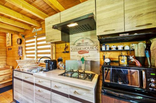 - une cuisine avec une cuisinière et un évier dans une cabine dans l'établissement Wyoming Lodge - LUXE et SPA - Vue lac Aiguebelette, à Novalaise