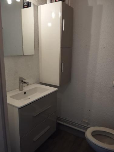 une salle de bain avec un lavabo et des toilettes dans l'établissement Studio 4 couchages - Floralies II - 700 m mer et centre, au Grau-du-Roi