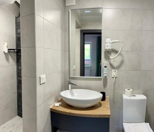ein Badezimmer mit einem weißen Waschbecken und einem Spiegel in der Unterkunft Готель-ресторан Два Леви in Slawske