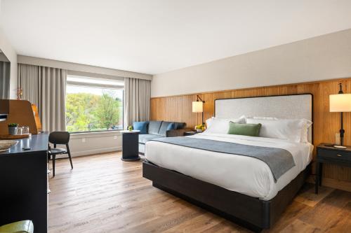 ノーウォークにあるThe Watershed - Formerly Hotel Zero Degreesのベッドとデスクが備わるホテルルームです。