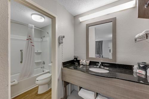 a bathroom with a sink and a toilet and a mirror at Red Roof Inn Kingsport in Kingsport