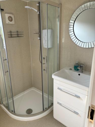 Hampshire lodge في كامبرلي: حمام مع دش ومغسلة ومرآة