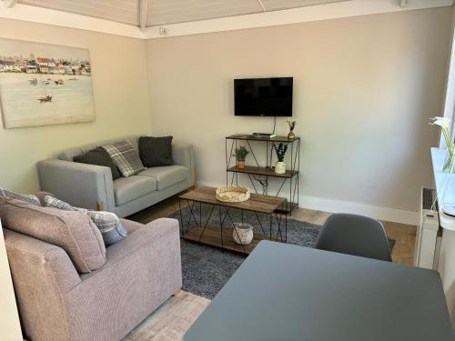 Hampshire lodge في كامبرلي: غرفة معيشة مع أريكة وتلفزيون
