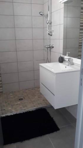 une salle de bain avec un lavabo blanc et un miroir dans l'établissement coquillage, à Saint-Mitre-les-Remparts