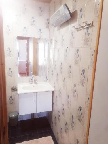 une salle de bain avec un lavabo et un miroir dans l'établissement Ambiance chalet Salles-Curan, à Salles-Curan