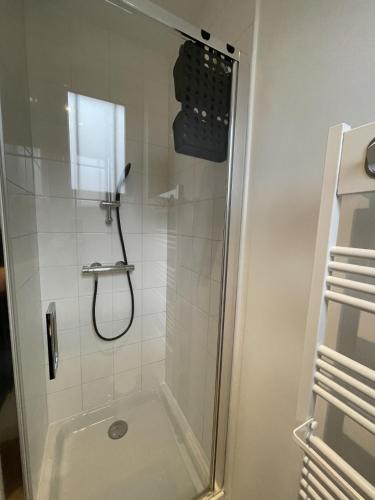 une douche avec une porte vitrée dans une salle de bain dans l'établissement Le Treize au cœur du bouchon, à Troyes