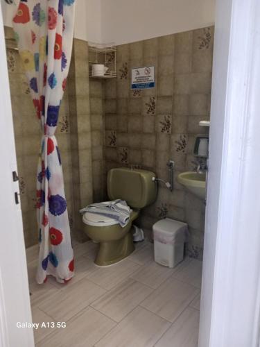a bathroom with a green toilet and a sink at Αrgo Studios in Pythagoreio