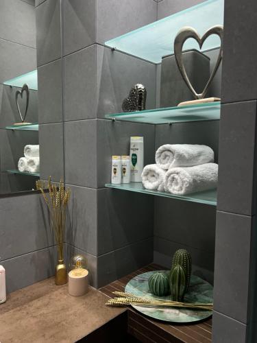 a bathroom with shelves with towels and a cactus at Marina Zeas Seaview House-MarinaQ in Piraeus
