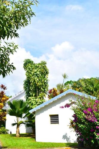 a small white house with trees and flowers at Carré Vert Guadeloupe Villa Privée Piscine in Gourbeyre