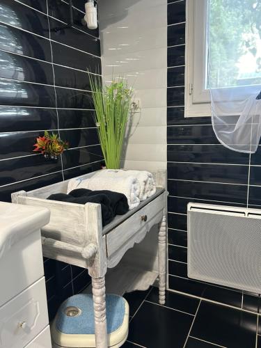 baño con una pared de azulejos en blanco y negro en Chambre Louis Armand, en Châteaudun