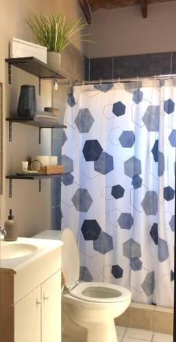 a bathroom with a toilet and a shower curtain at Stay with Class in the heart of wine country in San Antonio de las Minas