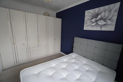 een slaapkamer met een wit bed en een blauwe muur bij Llewnodeb in Belvedere