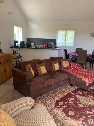 - un salon avec un canapé brun et un tapis dans l'établissement Agréable maison dans les vignes, 8 min de la plage, à Aléria