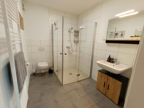 ein Bad mit einer Dusche, einem Waschbecken und einem WC in der Unterkunft Ferienwohnung am Ruhrtalradweg in Arnsberg in Arnsberg