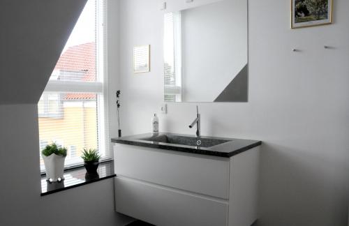 スケーエンにあるSkagen Apartmentの白いキッチン(シンク付)、窓
