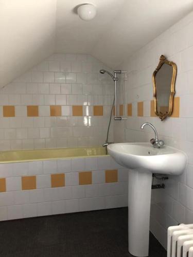 une salle de bain avec un lavabo, un miroir et une baignoire dans l'établissement Petit manoir av court de tennis, à Amayé-sur-Orne
