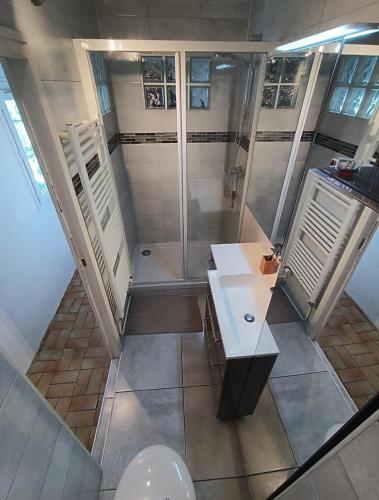 - une vue de tête sur la salle de bains pourvue d'une douche et de toilettes dans l'établissement Appartement atypique de 70 m2, à Aubervilliers