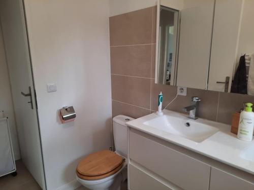 une salle de bain avec toilettes et lavabo dans l'établissement Superbe villa face Pic St Loup, piscine, pkg, wifi, à Le Triadou