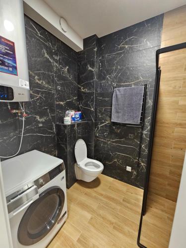 a bathroom with a washing machine and a toilet at Modern apartment in Klaipėda