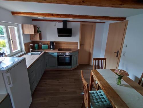 a kitchen with green cabinets and a table with a table sidx sidx sidx at Ferienwohnungen Urlaubsglück in Kurort Gohrisch