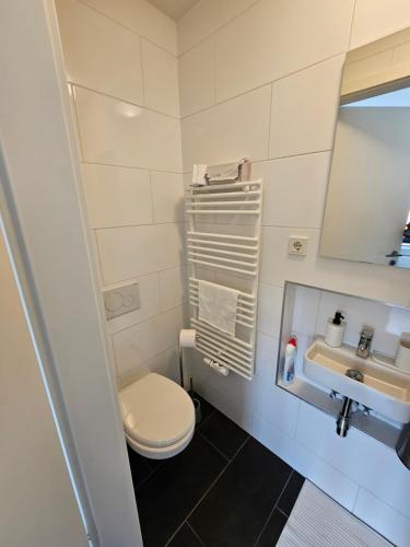 a small bathroom with a toilet and a sink at Chambre d'Hôte Confort Ettelbruck in Ettelbruck