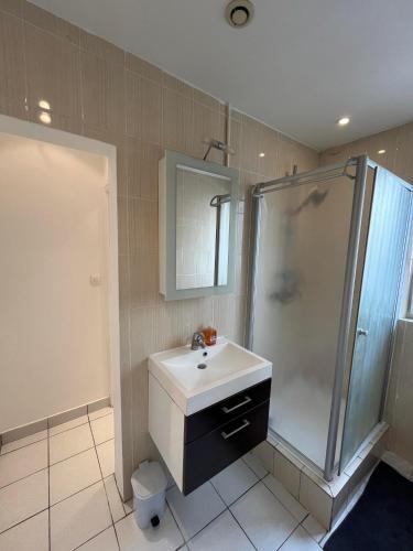 a bathroom with a sink and a shower at Appartement cosy Guidel centre in Guidel