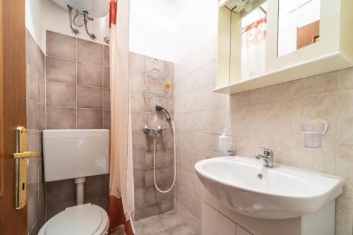 Apartment Lucija في Žminj: حمام مع حوض ومرحاض ودش