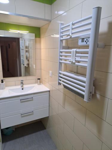 bagno con lavandino e specchio di Gîte La Dolce Vita a Saint-Félix-Lauragais