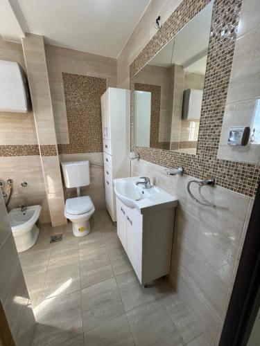 a bathroom with a sink and a toilet and a mirror at Apartmani Planinska Idila in Bar